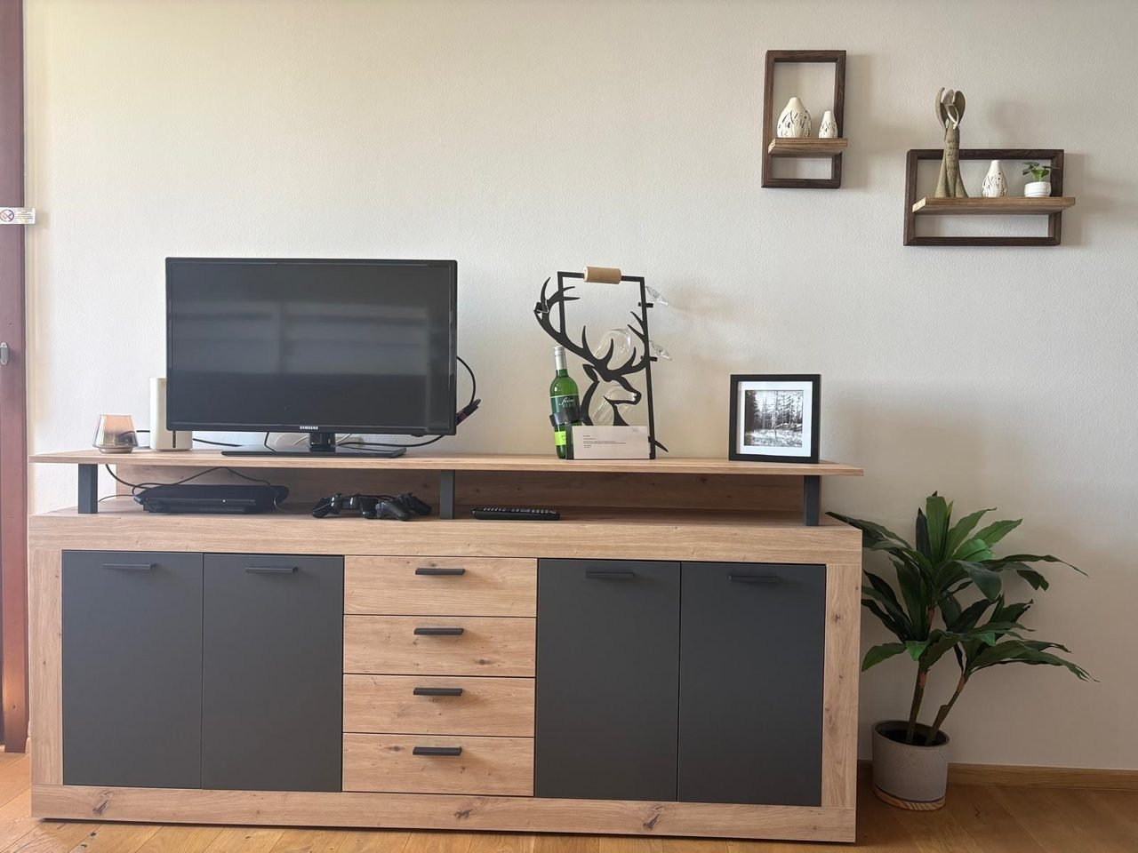 Living area with sideboard, TV and stag wine holder – holiday apartment Alpenblick, Gerlitzen Alpe