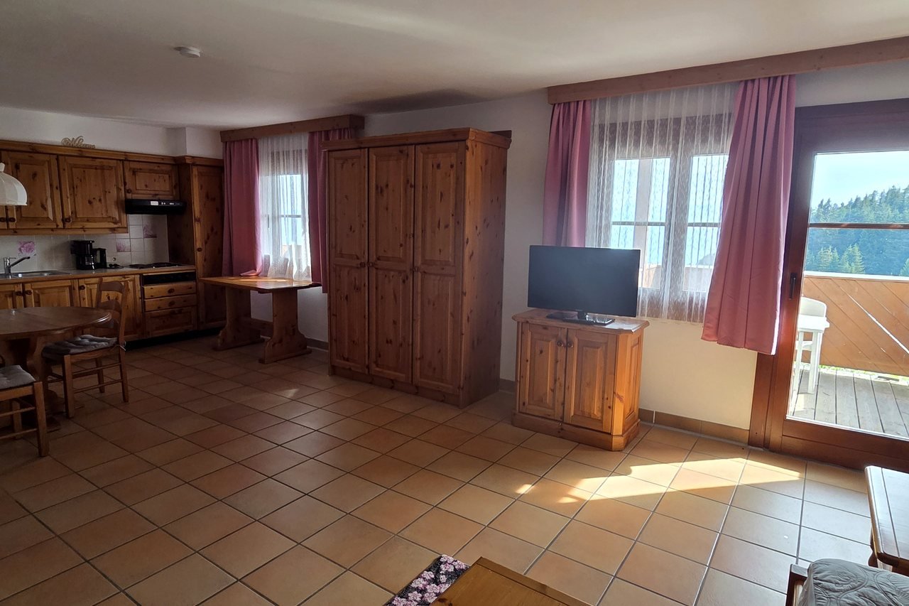 Living room with kitchen and terrace door – Alpenliebe apartment, Kanzelhöhe