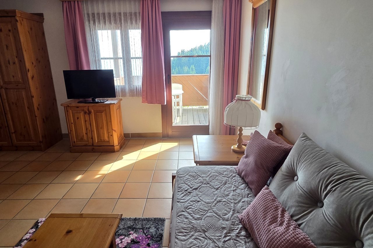 Living room with wooden wardrobe and TV – Alpenliebe apartment, Gerlitzen