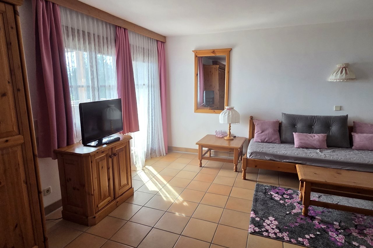 Living room with TV and seating area in the Alpenliebe apartment