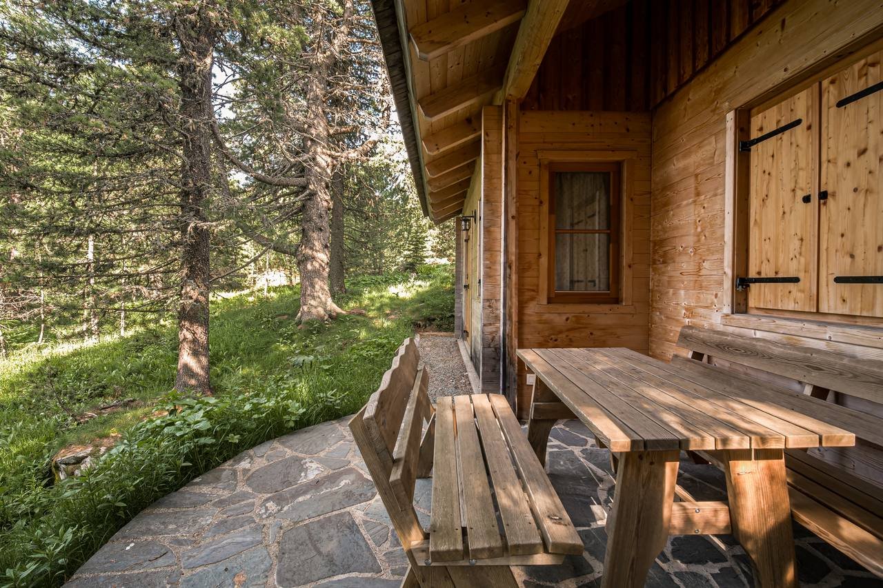 Terrace with wooden table and benches right by the forest